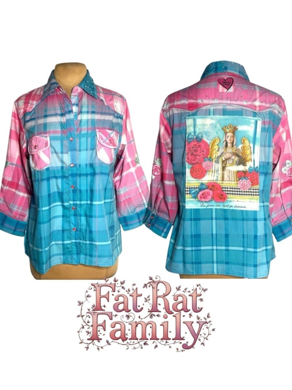 Fat Rat Family Pink Blue Plaid Rhinestone Angel Graphic Snap Button Shirt M/L - Picture 2 of 12